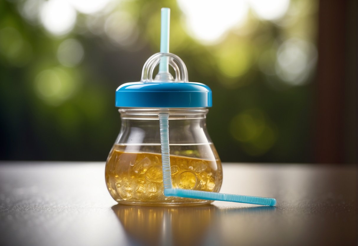 A baby bottle and a straw placed next to each other. The baby bottle is tipped over, while the straw stands upright