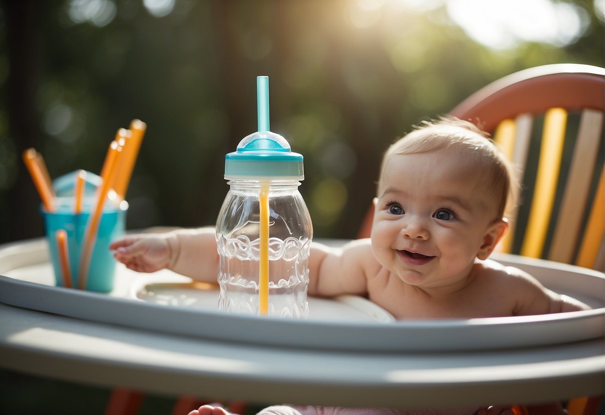 A baby bottle with a straw attachment sits on a high chair tray. A smiling baby reaches out to grab the straw