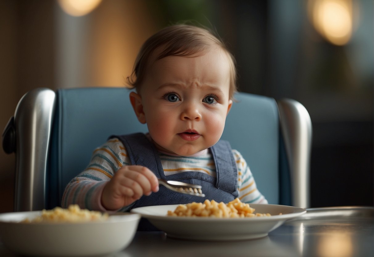 A baby sits in a high chair, reaching for a metal spoon and fork next to a plate of soft food. The baby looks eager and ready to try using the cutlery