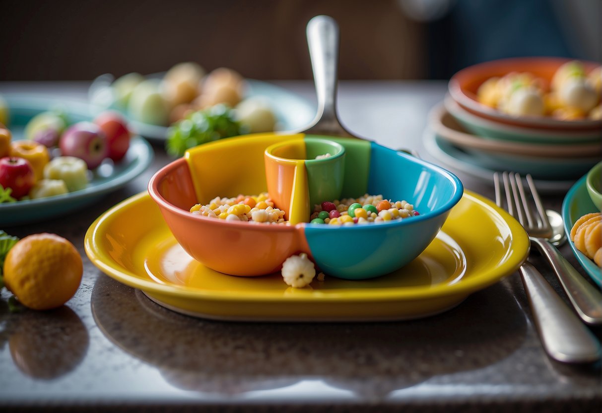 A baby's high chair with a colorful, non-toxic metal spoon and fork placed on the tray. A variety of baby-safe finger foods scattered around the utensils