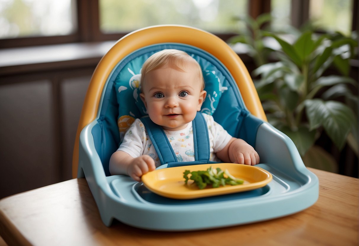 A baby's high chair with a metal spoon and fork on the tray, surrounded by child-friendly, non-slip placemats and a sturdy, easy-to-clean bib