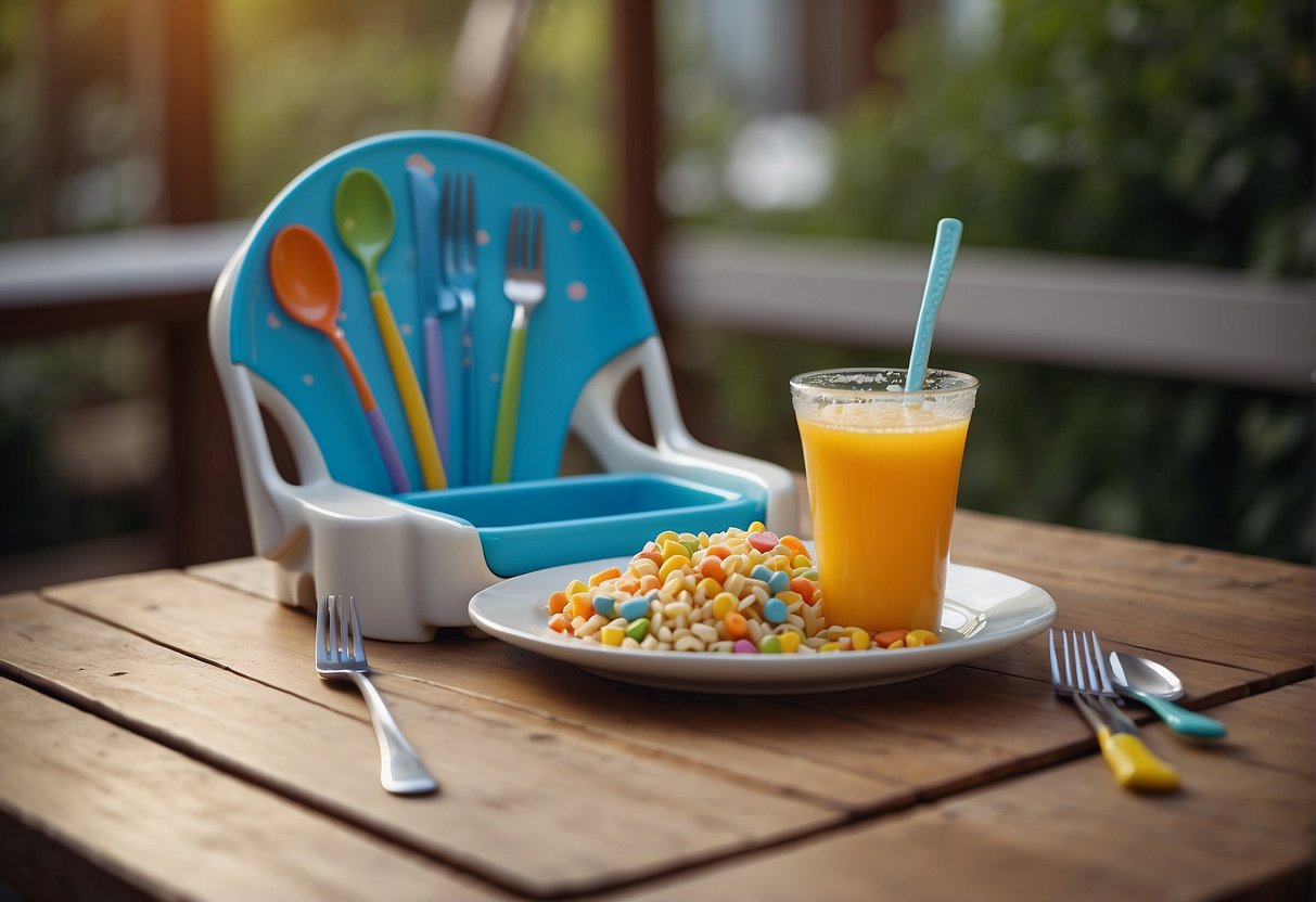 A baby's high chair with a colorful plate and metal cutlery next to a spill-proof cup