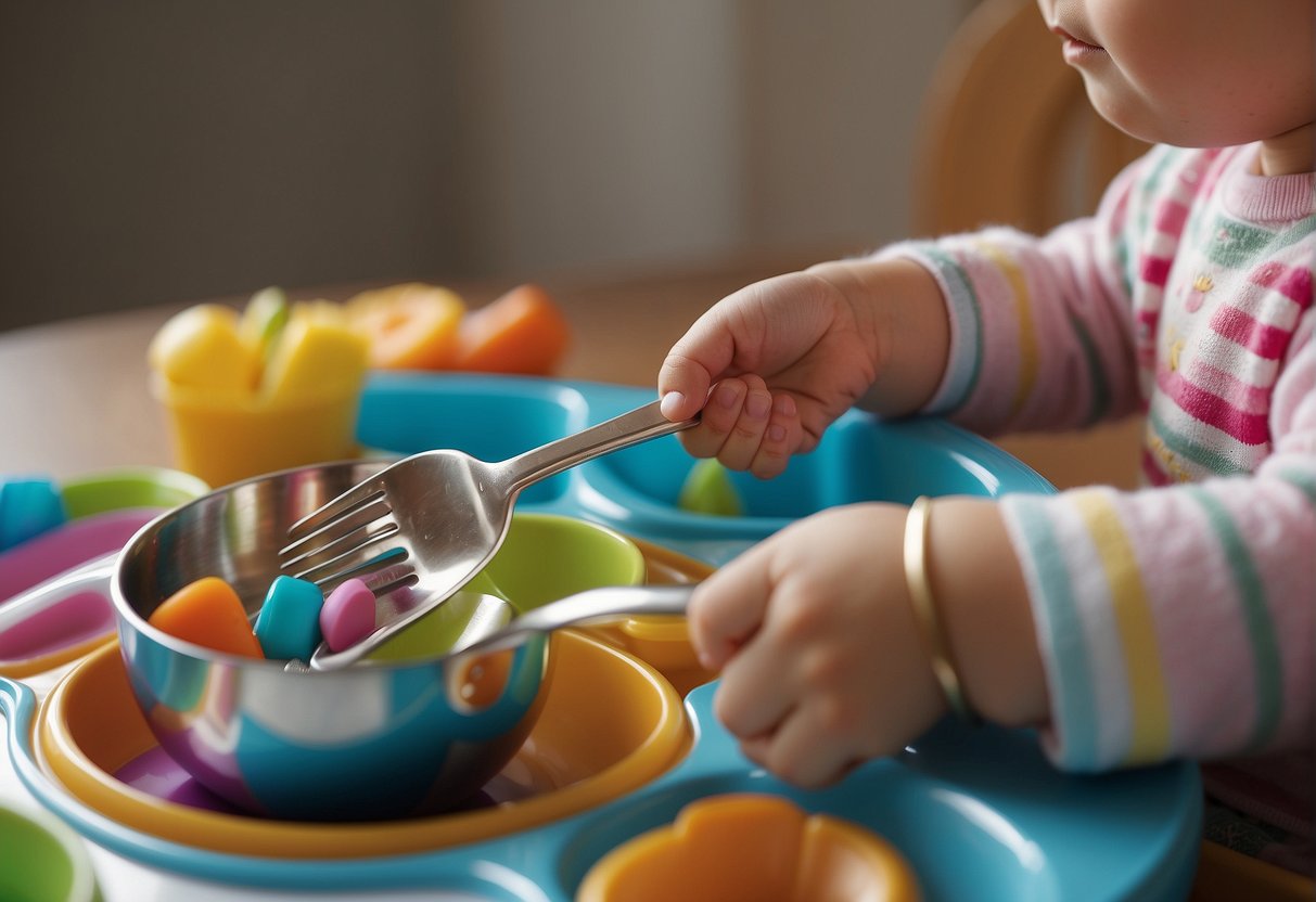 A baby's high chair with a colorful, non-toxic metal spoon and fork placed on the tray. A parent's hand reaching to guide the baby's hand towards the cutlery