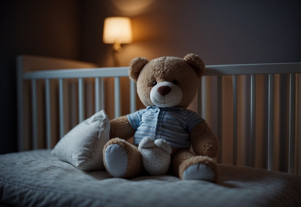 A baby's crib sits empty in a dimly lit room, with a small teddy bear resting on the pillow. A faint sound of a lullaby plays in the background