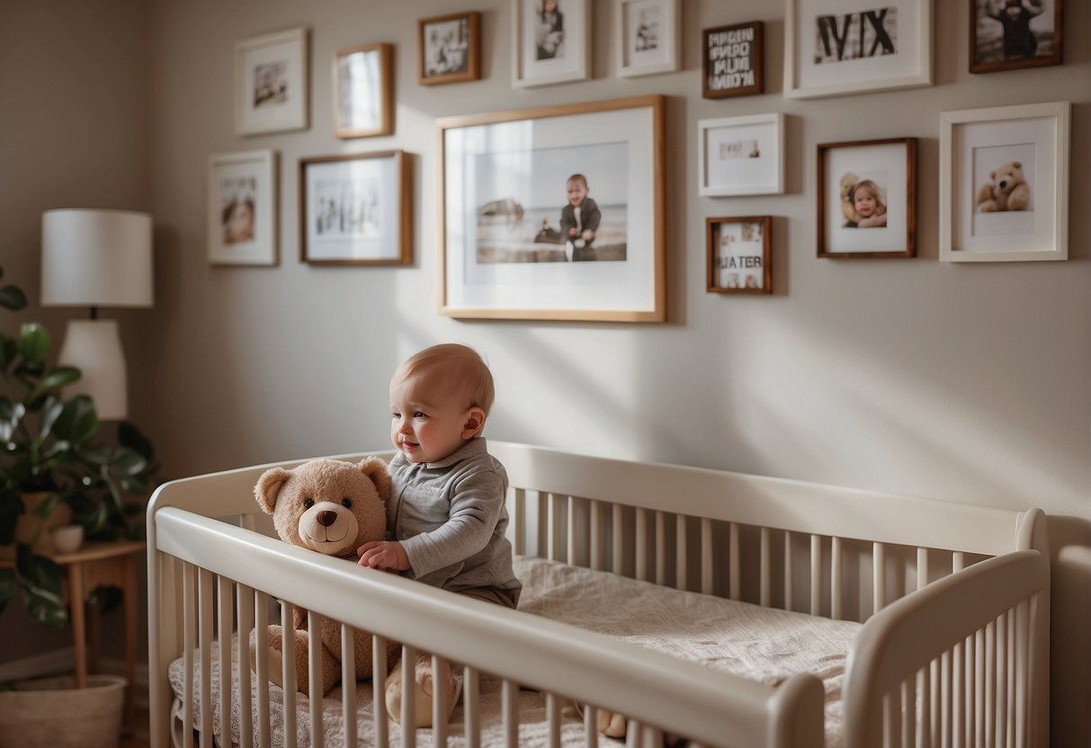 A baby's crib with a teddy bear and a photo of their dad on the wall. The baby is reaching out towards the photo with a curious expression