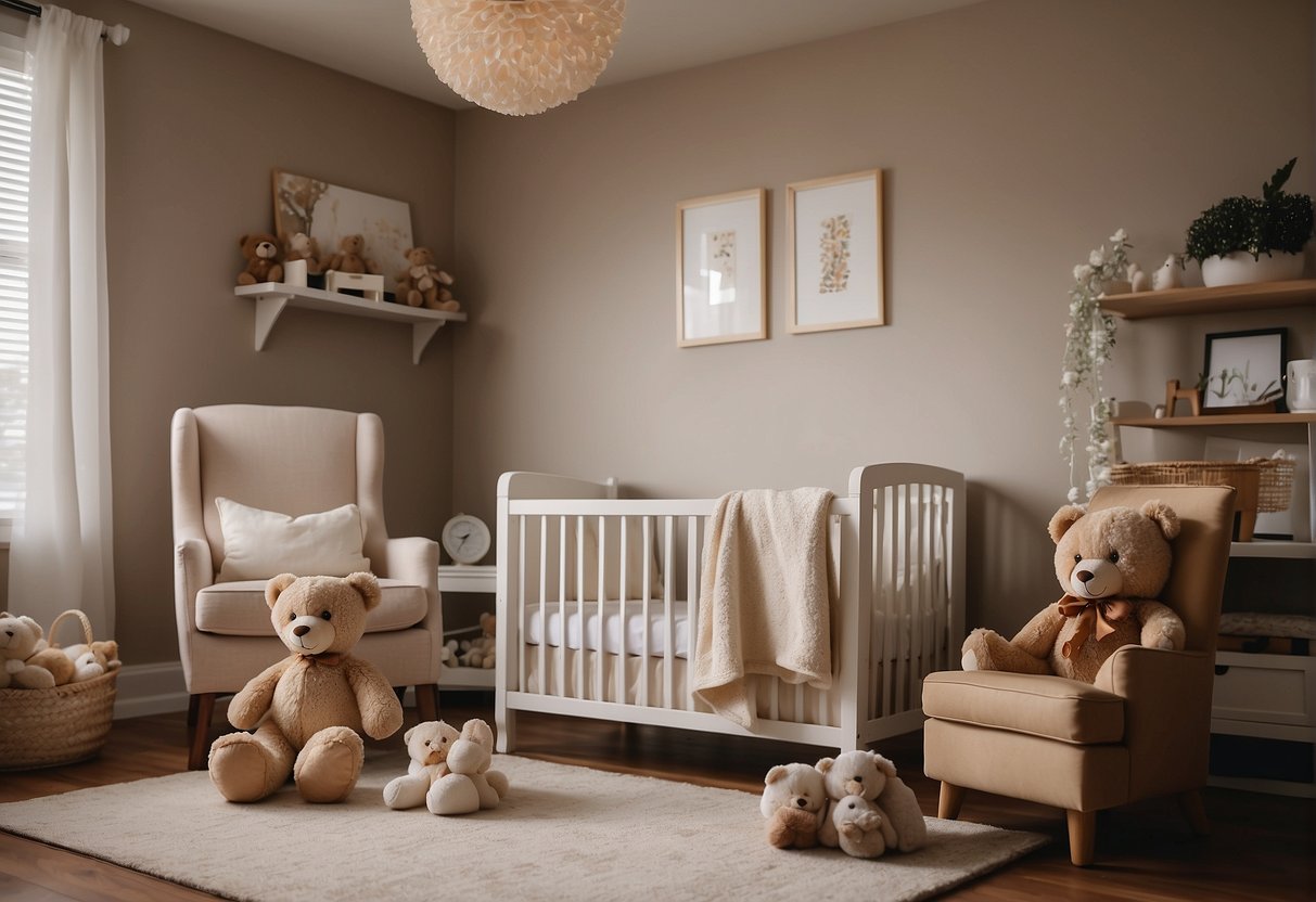A baby's nursery with a crib, toys, and a photo of dad on the wall. Teddy bear clutched in baby's arms