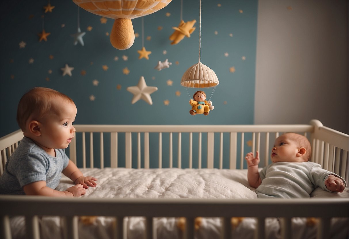A baby's crib with a toy mobile spinning above. A photo of the dad on the wall. Baby reaching out towards the photo