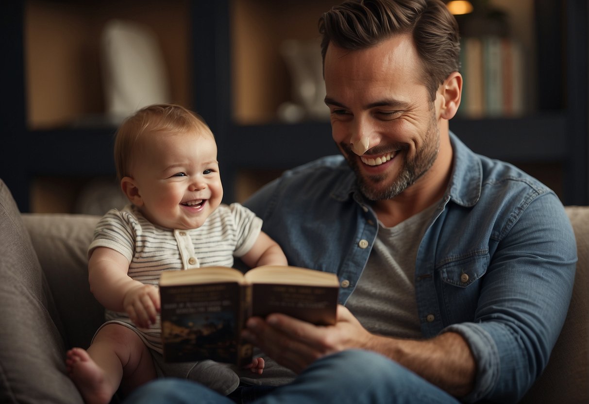 A father and baby sit together, playing with toys and reading books. The baby looks up at the father with a big smile, showing a strong bond between them