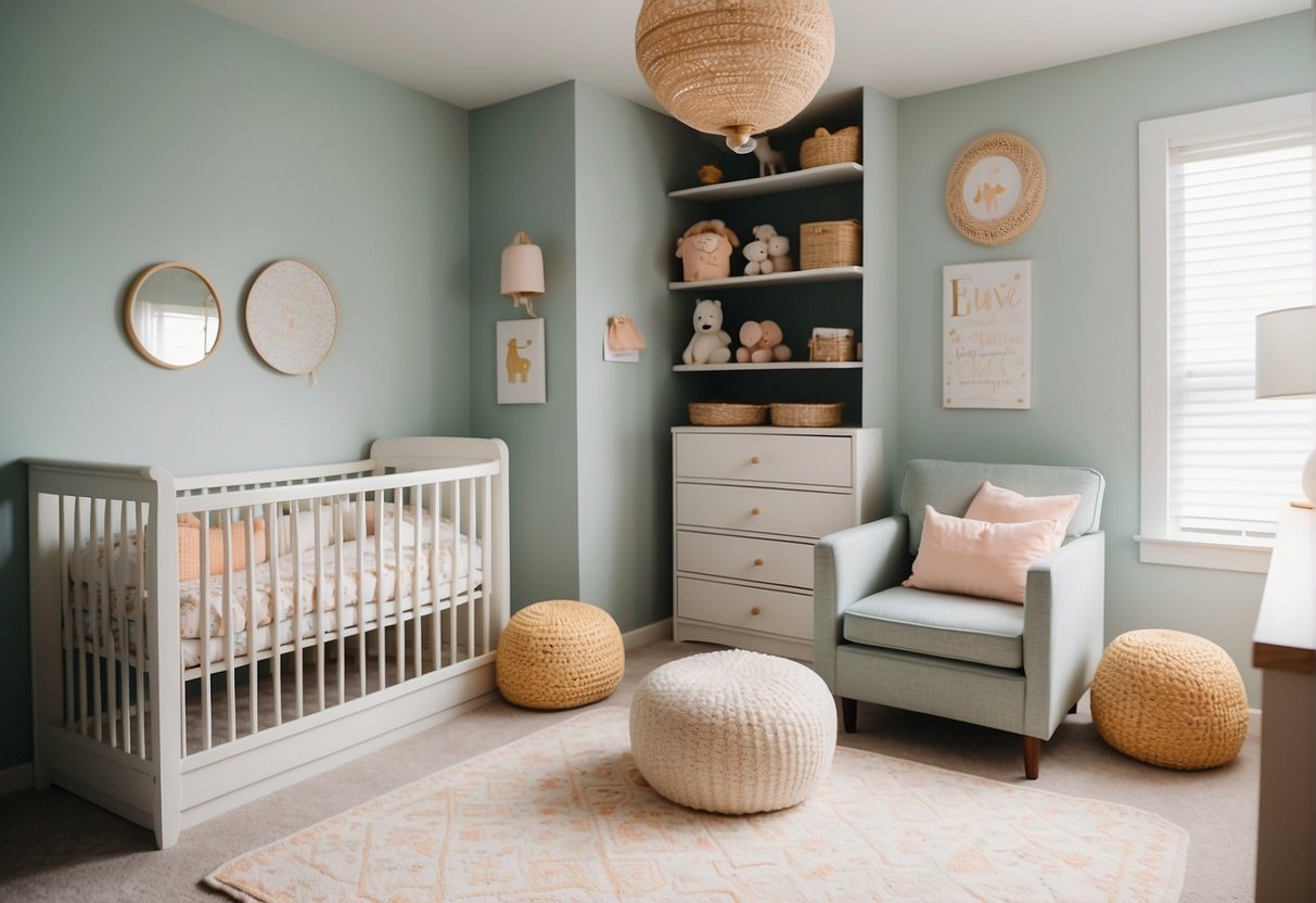 A nursery with a cozy corner featuring a convertible dresser, storage bins, and a padded changing pad on top. The room is bright and cheerful, with soft colors and playful patterns