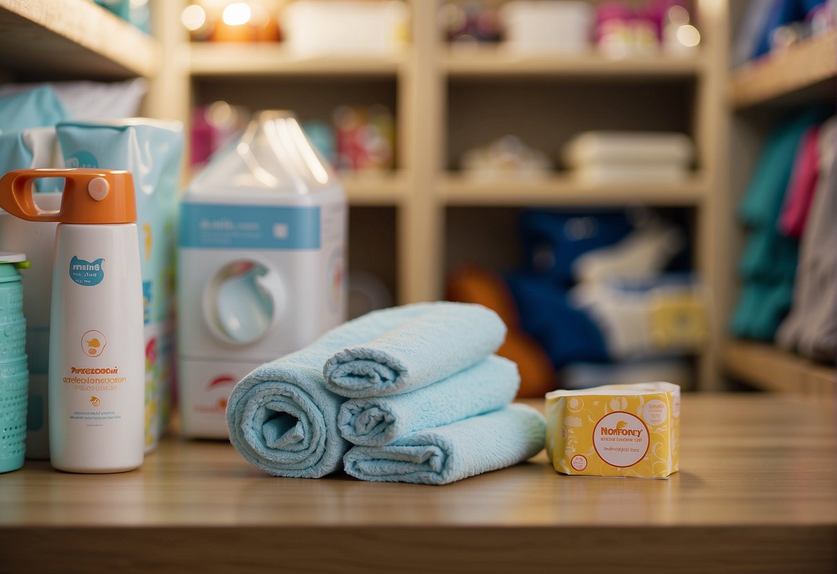 A parent reaching for diapers on a shelf next to a changing mat on the floor