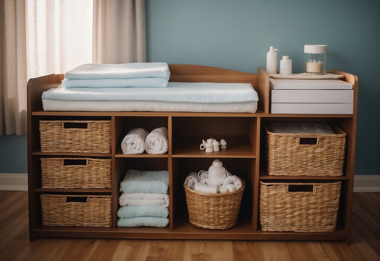 A dresser with a cushioned changing pad on top, surrounded by storage baskets and diaper caddy