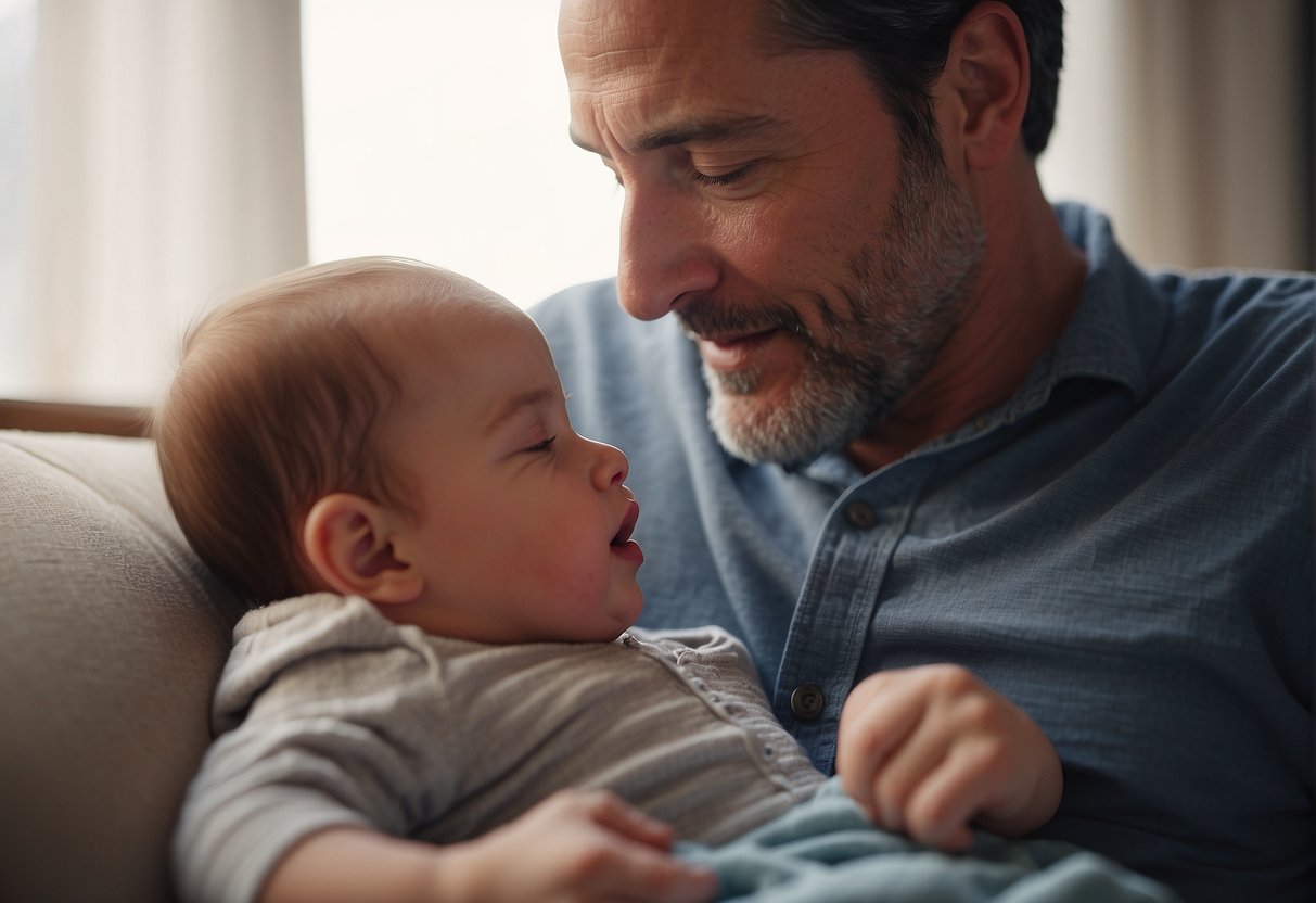 A father's soothing voice reaches the womb, creating a serene atmosphere. The baby responds with gentle movements, bonding with the sound of their father's words
