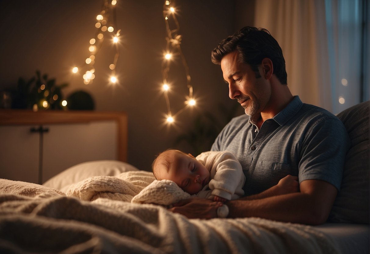 A serene, cozy room with soft lighting. A father's soothing voice resonates, creating a calming atmosphere for the baby in the womb