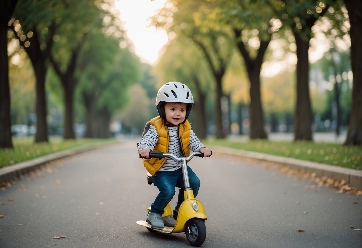 A toddler wearing a helmet while riding a scooter in a park