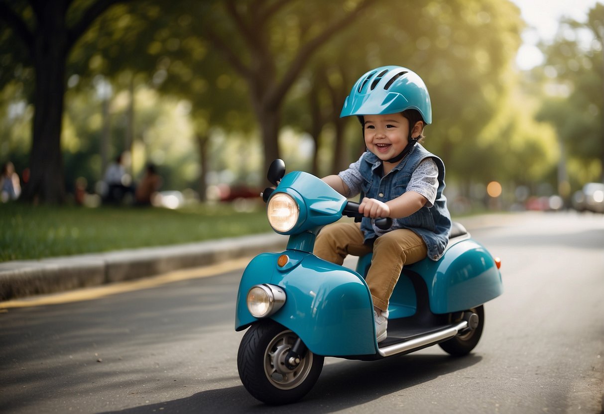 A toddler wearing a helmet while riding a scooter in a safe, supervised environment. The child's caregiver is nearby, ensuring the toddler's safety. The toddler is smiling and enjoying the activity
