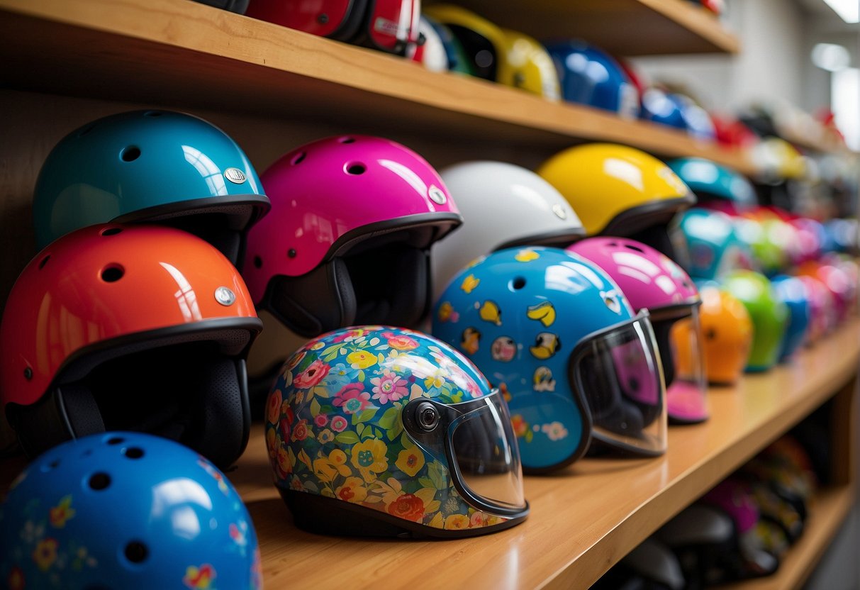 A group of colorful toddler helmets arranged on a shelf, with various designs and sizes. A scooter parked nearby, emphasizing the importance of safety