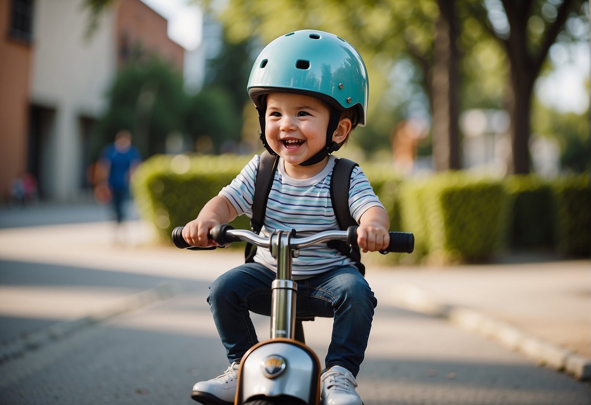 A toddler on a scooter with a helmet on, smiling and being cheered on by an adult