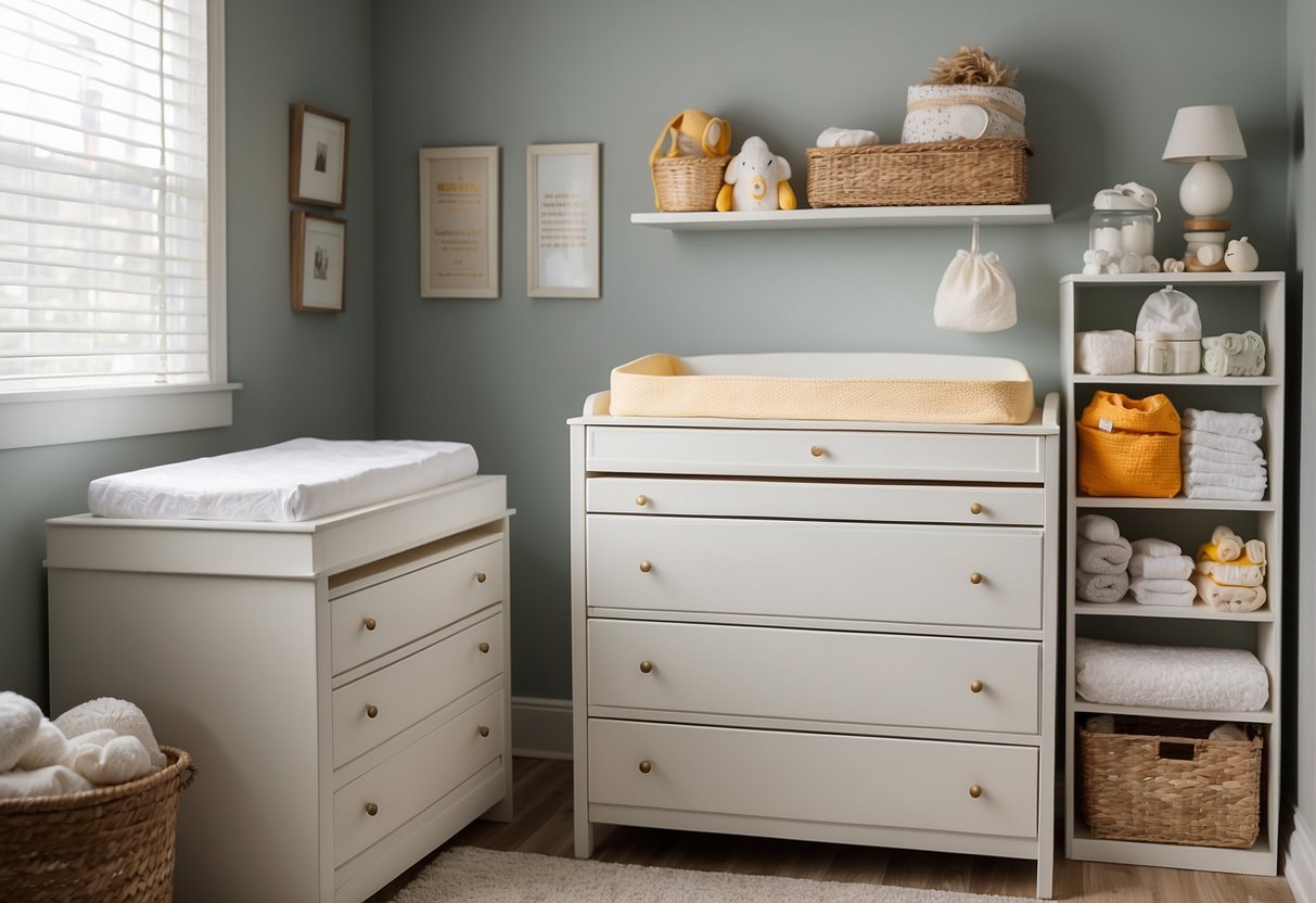 A changing table with attached dresser and changing pad. Diapers, wipes, and baby essentials neatly organized on shelves and in drawers