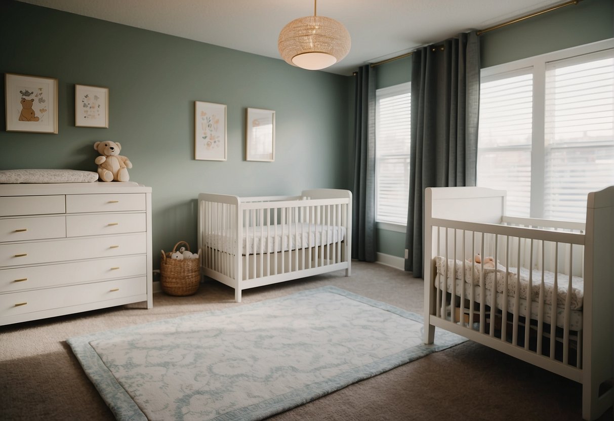 A spacious nursery with a changing table and storage dresser with a changing pad on top. The room is well-lit with a large window, and the furniture is neatly organized and stylishly designed