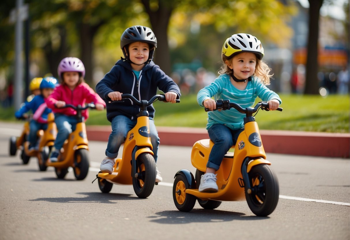 Children racing scooters, balance bikes, and tricycles on a sunny playground. The colorful vehicles zoom around obstacles, creating an exciting and dynamic scene