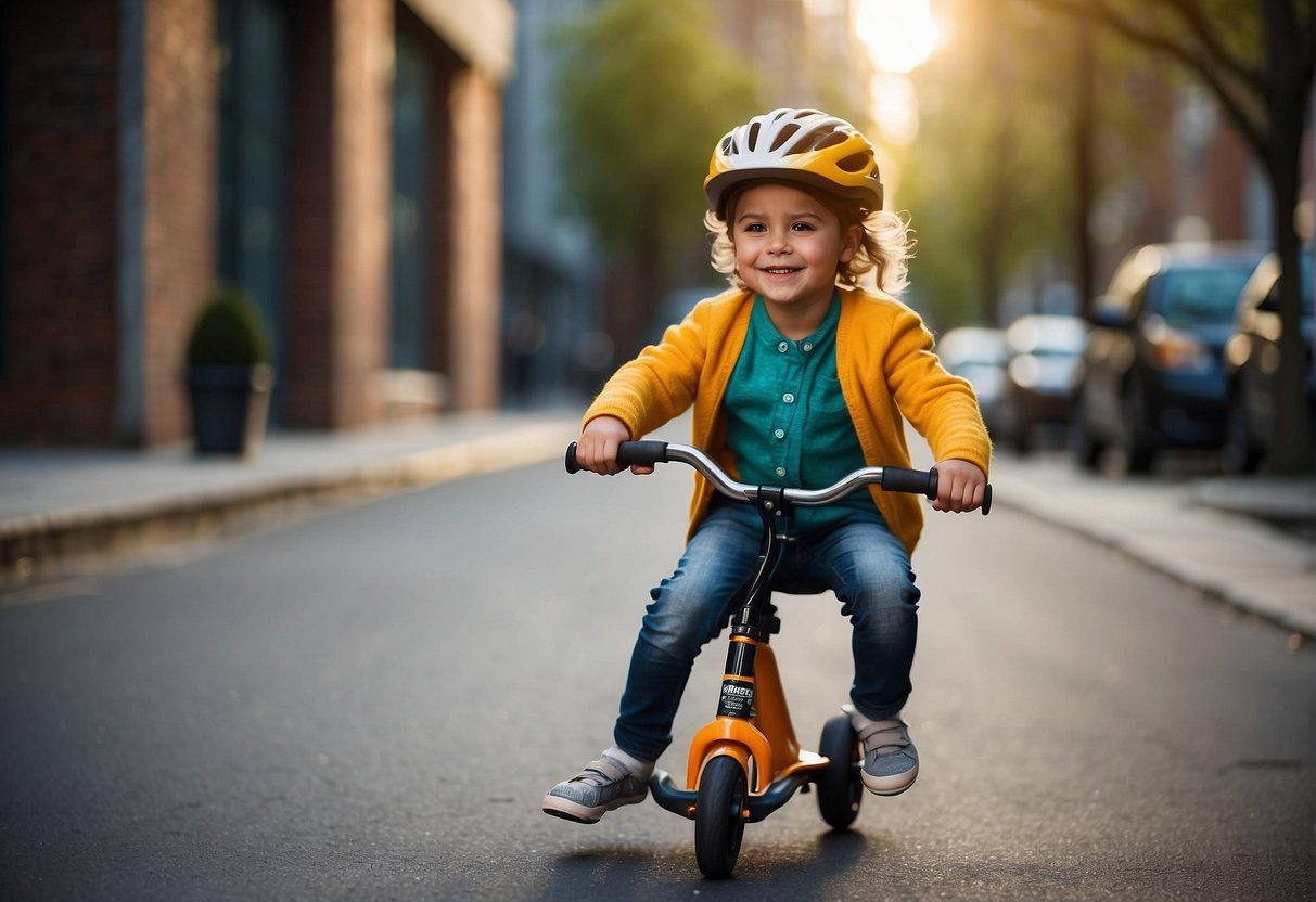 A child confidently balances on a sleek balance bike, while a tricycle and scooter sit nearby, showcasing the different options for young riders