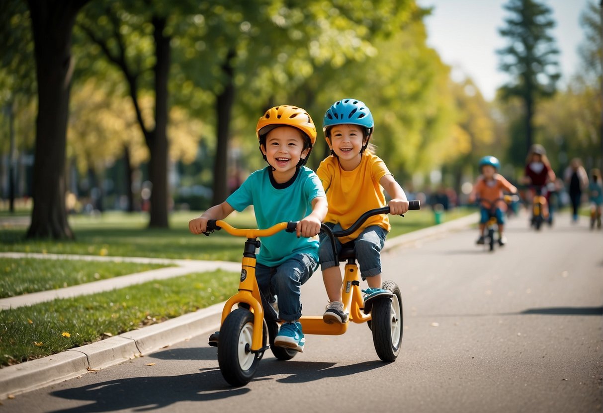 Children riding tricycles, scooters, and balance bikes in a park. Joyful expressions, colorful equipment, and a sunny day