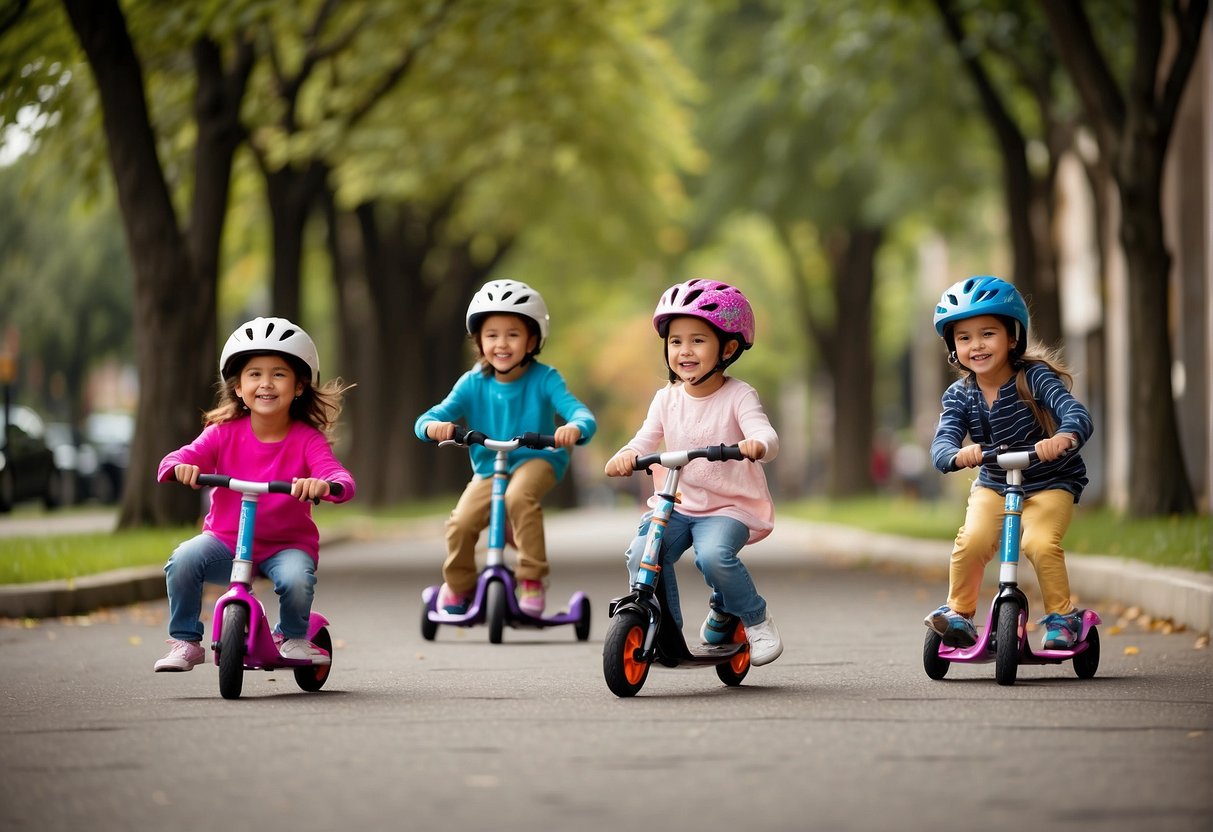 Children happily riding scooters, balance bikes, and tricycles in a safe and supervised environment. The setting is a spacious and flat outdoor area with colorful and child-friendly equipment