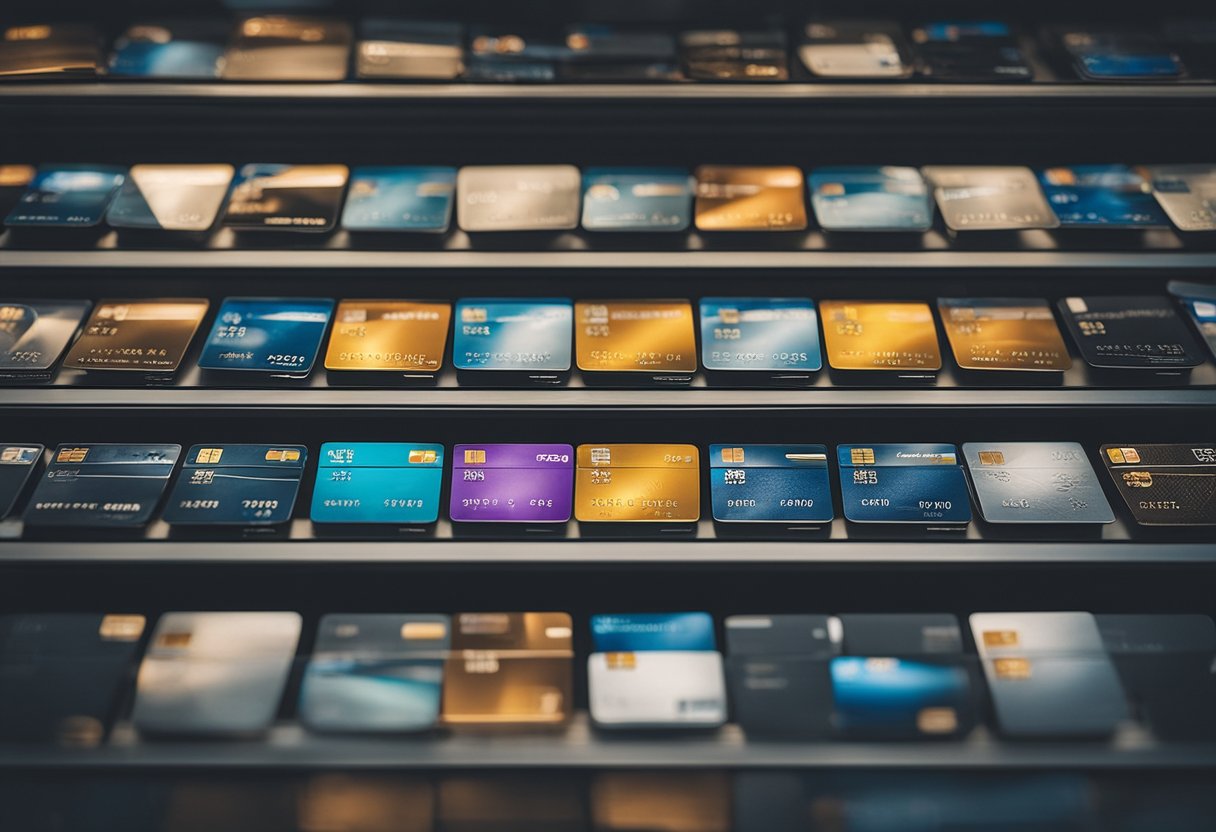 A collection of credit cards neatly arranged in a display case, with various designs and colors, showcasing the diversity of the hobby