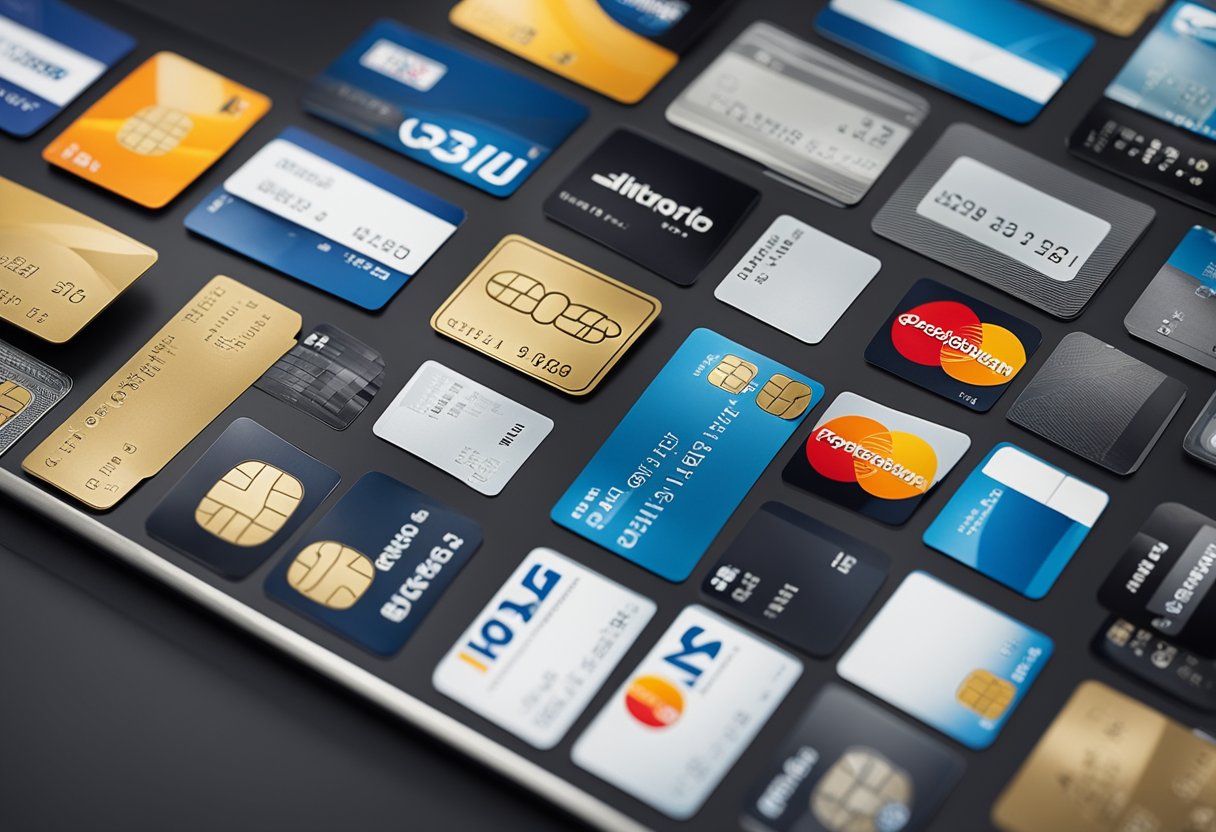 A collection of credit cards arranged neatly on a display stand, with various designs and colors. A magnifying glass and a catalog of rare cards are placed next to the display