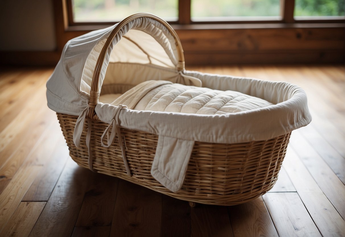 A bassinet and a Moses basket sit side by side on a hardwood floor, bathed in soft natural light from a nearby window. The bassinet is sleek and modern, while the Moses basket has a more rustic, handmade appearance