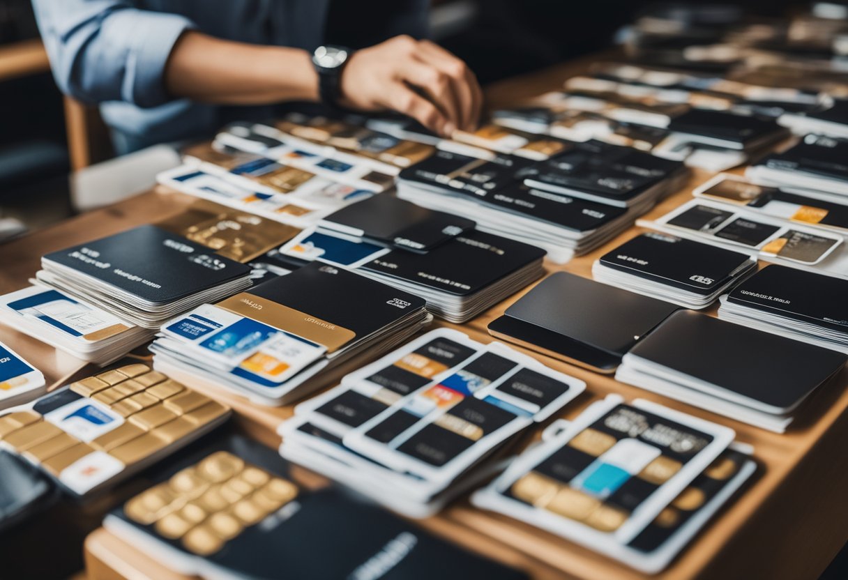 A table covered in credit cards, albums, and card sleeves. A person sorting and organizing the cards, with a magnifying glass and price guide nearby