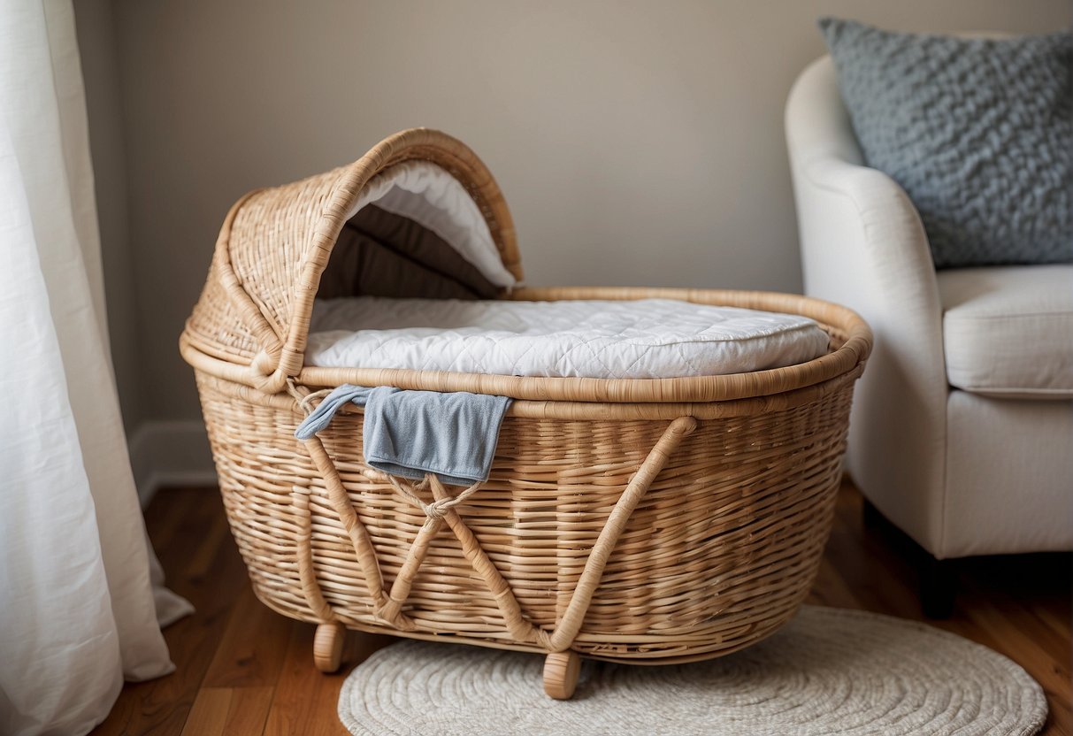 A bassinet sits next to a Moses basket. The bassinet is larger with a sturdy frame, while the Moses basket is smaller and more portable with woven sides