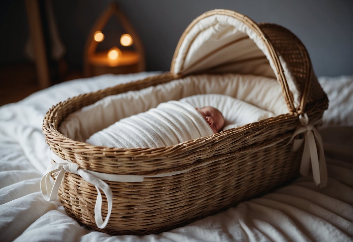 A Moses basket sits next to a modern bassinet. Soft bedding and a gentle rocking motion make them both cozy options for a newborn