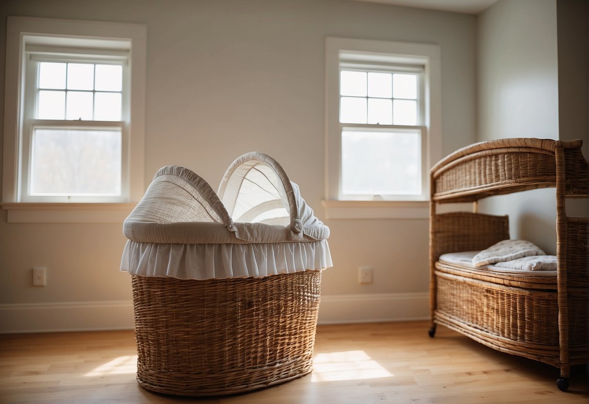 A bassinet and a Moses basket sit side by side, the bassinet towering over the smaller, more compact basket. The room is spacious, with plenty of natural light streaming in through the windows