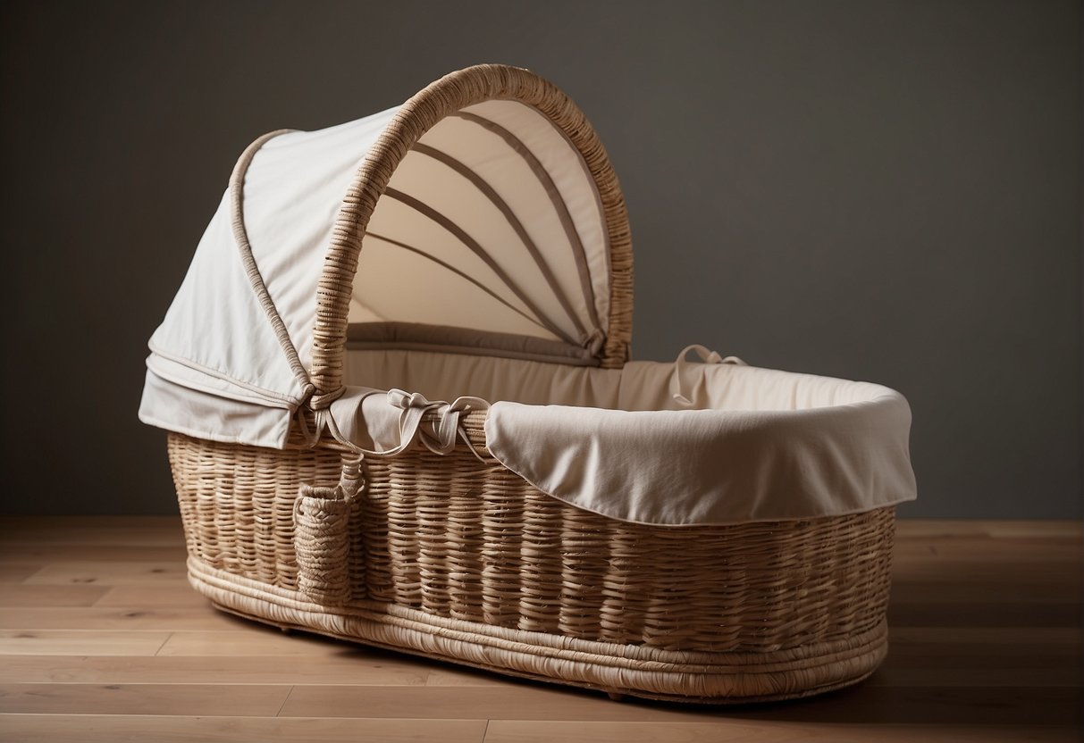 A bassinet and a Moses basket sit side by side on a clean, neutral-colored surface. The bassinet appears sturdy and spacious, while the Moses basket looks smaller and more delicate. Both are surrounded by soft, comforting fabrics