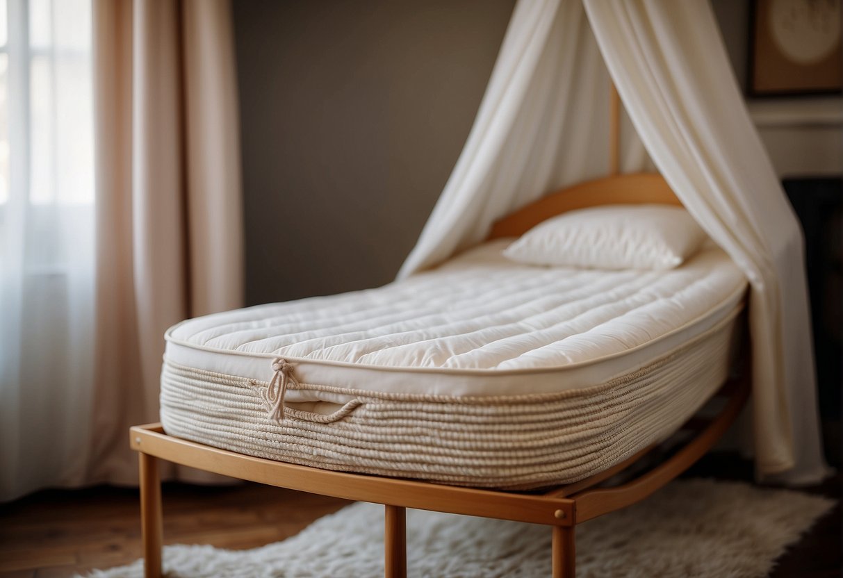 A thin bassinet mattress rests on a wooden frame, with soft bedding and a delicate canopy