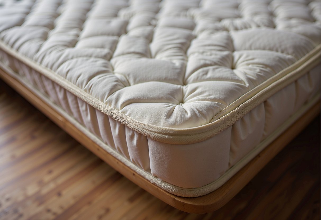 A thin bassinet mattress lies on a sturdy wooden frame, covered in soft fabric. The mattress is made of breathable, lightweight material for infant comfort and safety