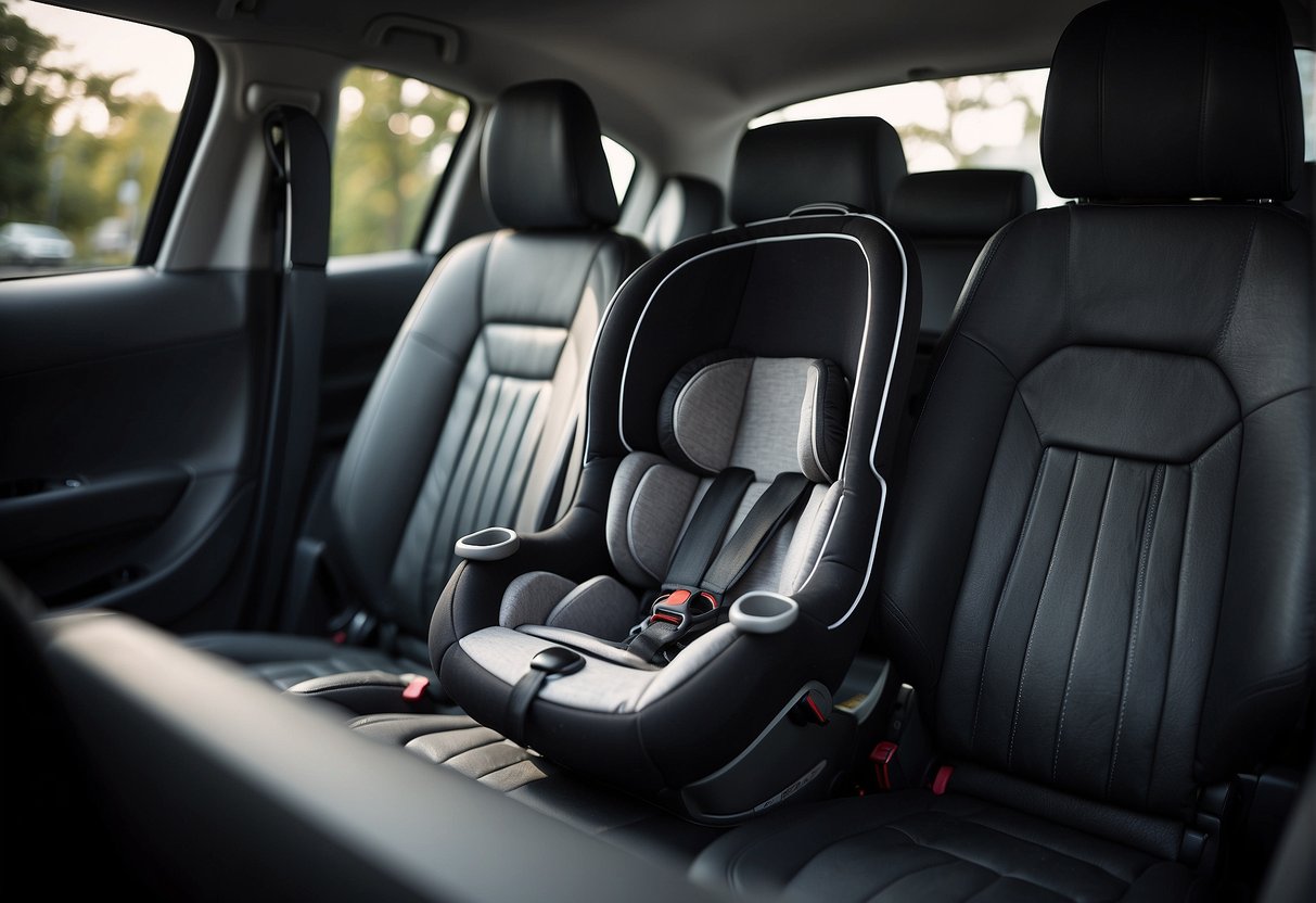 A car seat is securely fastened in a vehicle, with no movement side to side. The seat is stable and firmly anchored in place