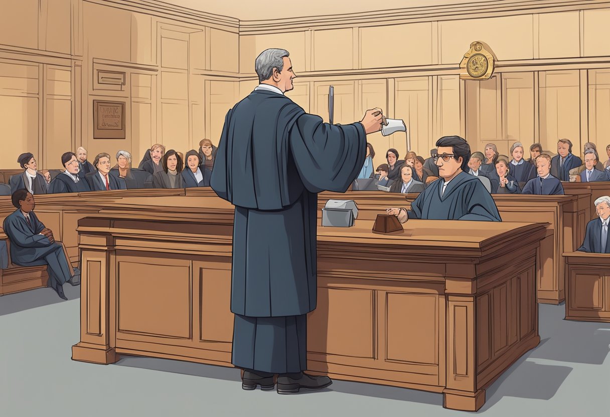 A courtroom scene with a judge presiding over a legal battle against a breathalyzer fine