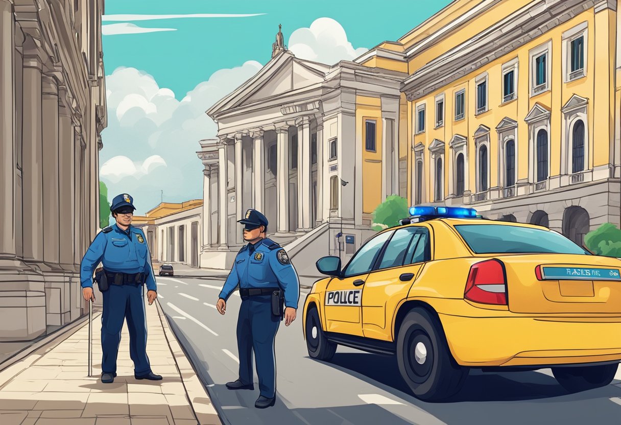 A car being pulled over by police for a breathalyzer test in Brazil, with a looming courthouse in the background