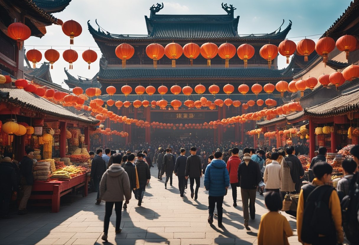 A bustling Chinese marketplace with colorful stalls and bustling crowds. The scene is filled with traditional architecture and vibrant cultural elements