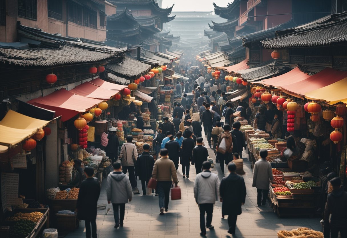 A bustling Chinese market with colorful stalls and busy shoppers, showcasing both opportunities and challenges for businesses