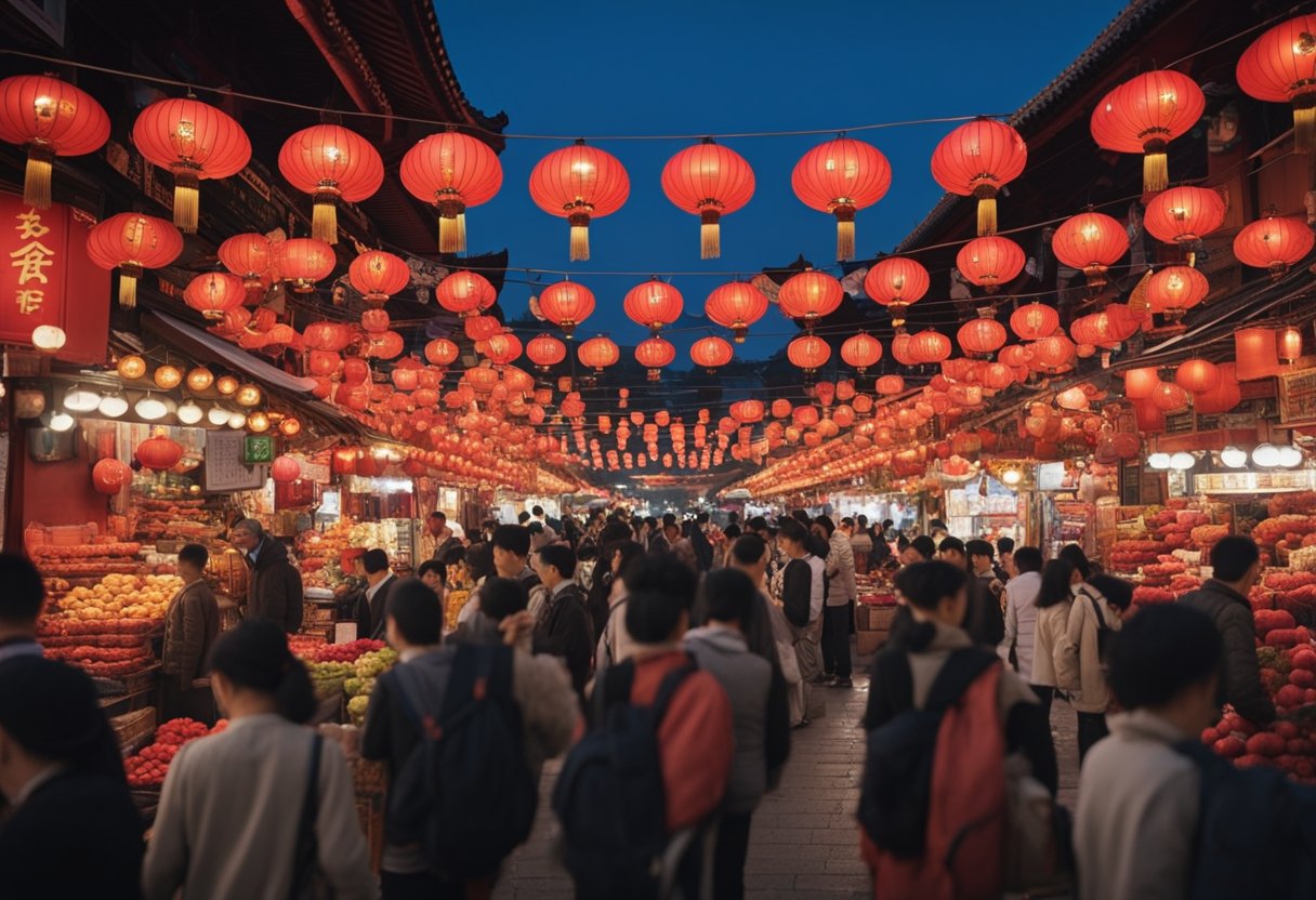 A bustling Chinese market with colorful stalls and busy shoppers. Signs in Mandarin advertise products, while traditional red lanterns hang overhead