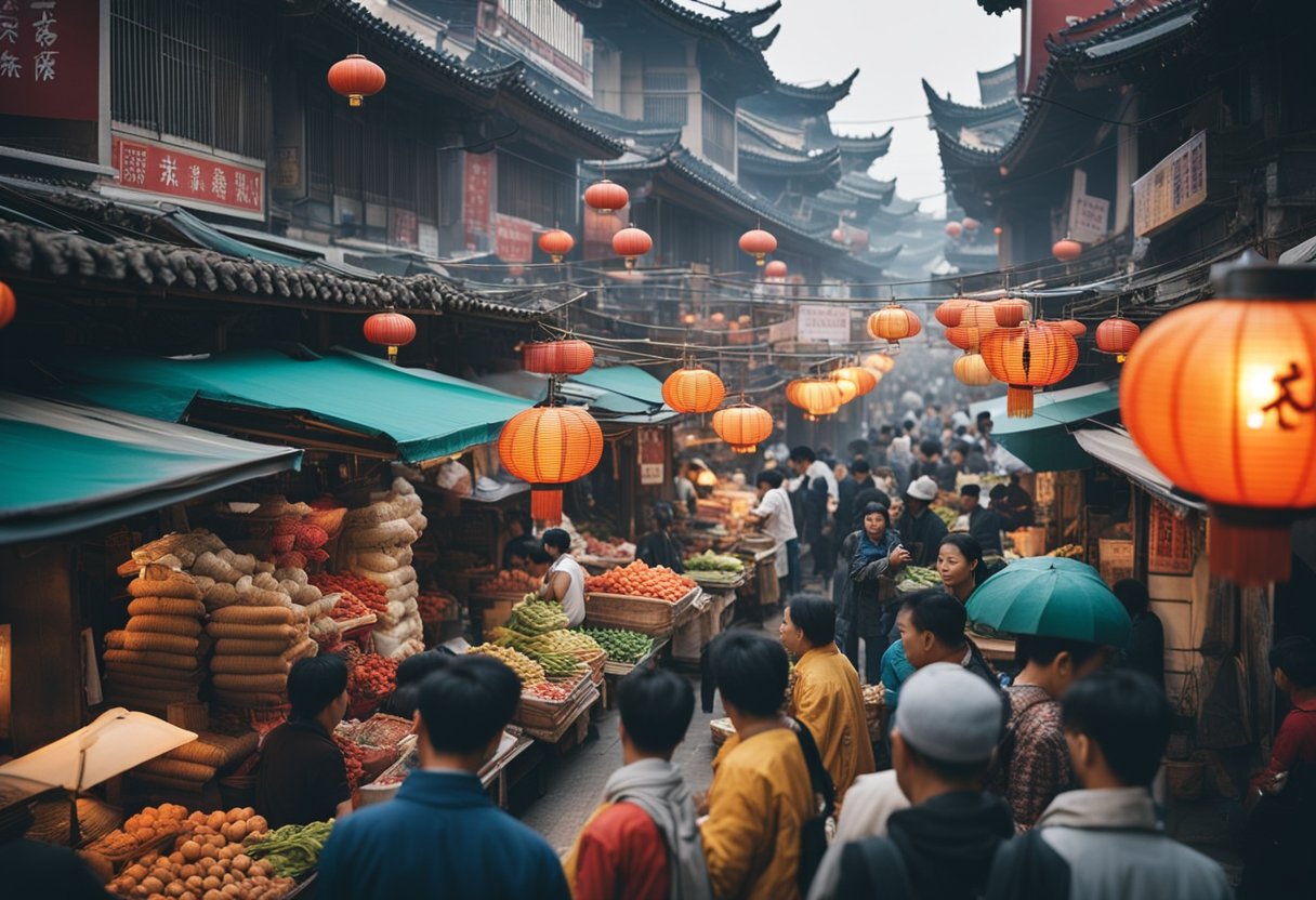 A bustling Chinese market with colorful stalls and busy shoppers