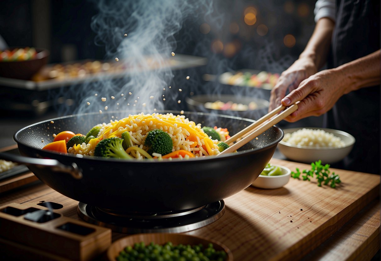 A sizzling wok tosses diced vegetables, egg, and seasoned rice, emitting fragrant steam. The chef sprinkles soy sauce and stirs vigorously
