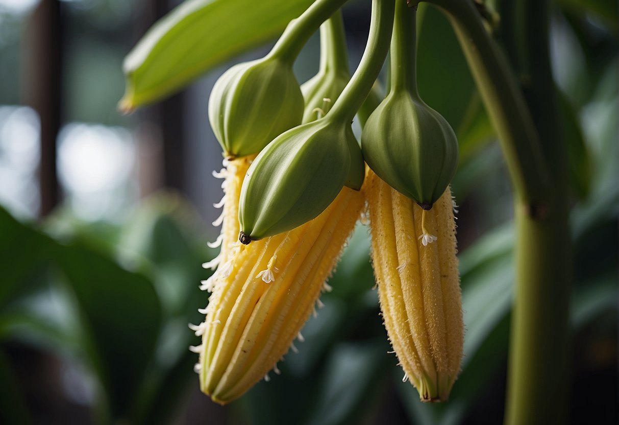 A banana flower hangs from a tall, green stalk, its delicate petals opening to reveal a cluster of tiny, pale yellow florets nestled within