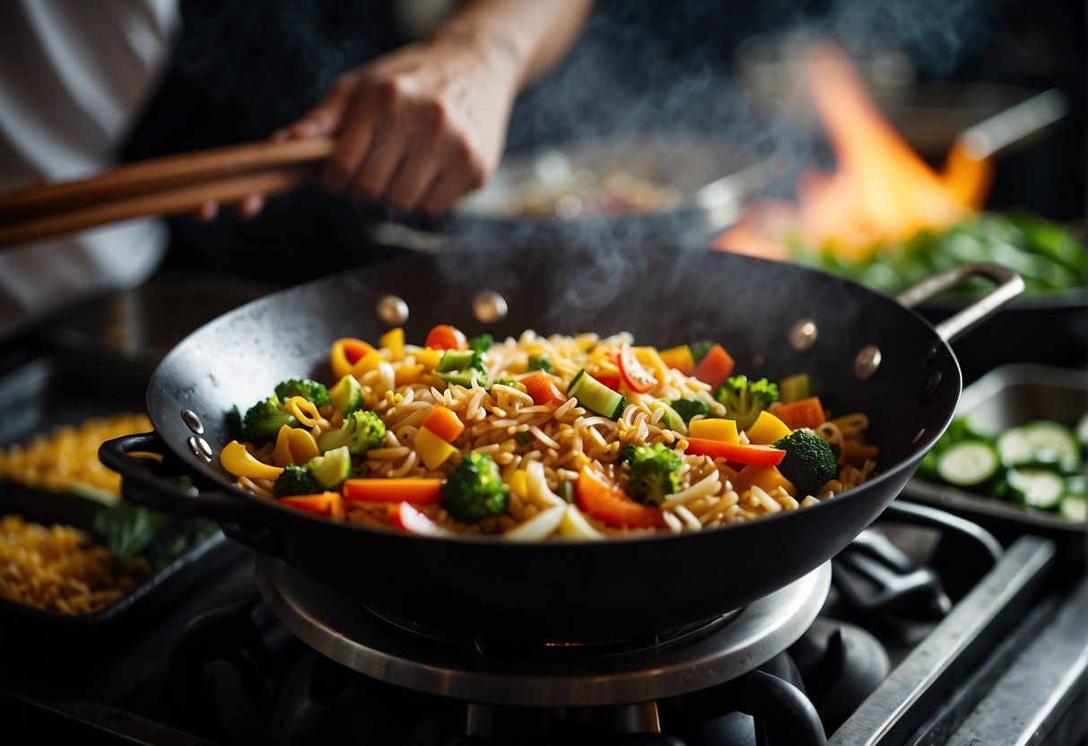 A chef stir-fries rice with colorful vegetables and aromatic spices in a sizzling wok, creating a fragrant and flavorful Bangladeshi-Chinese fusion dish