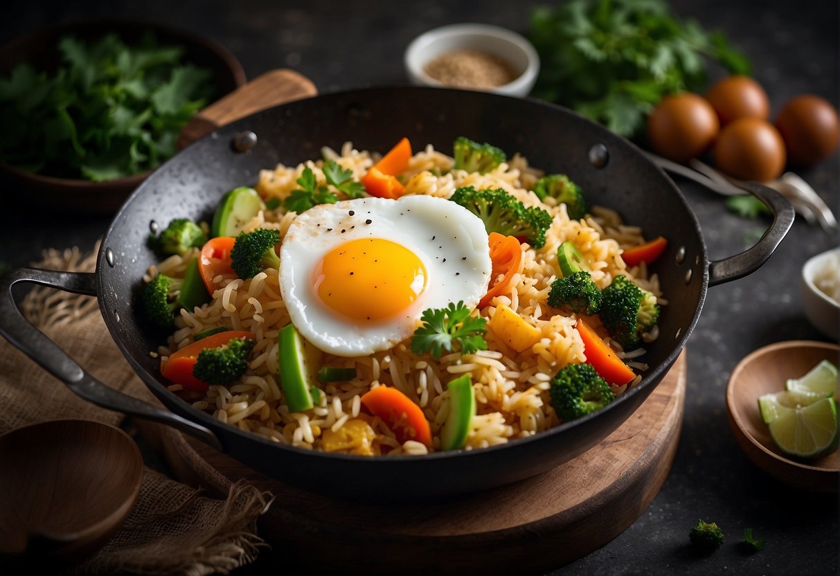 In a sizzling wok, stir-fry cooked rice with diced vegetables, eggs, and Bangladeshi spices. Garnish with fresh coriander and serve hot