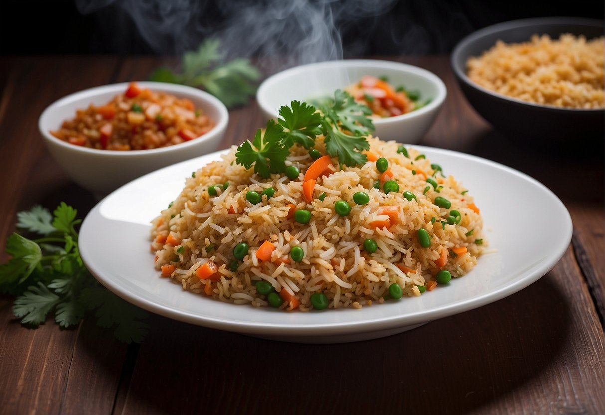 A steaming plate of Bangladeshi Chinese fried rice, garnished with fresh cilantro and served with a side of spicy chili sauce