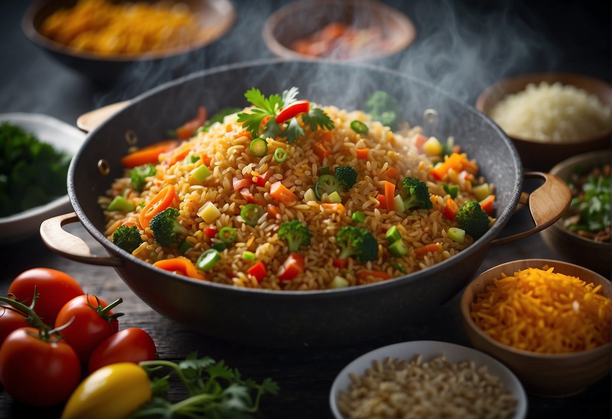A sizzling wok tosses together fragrant spices, tender meats, and colorful vegetables in a vibrant display of Bangladeshi Chinese fried rice preparation